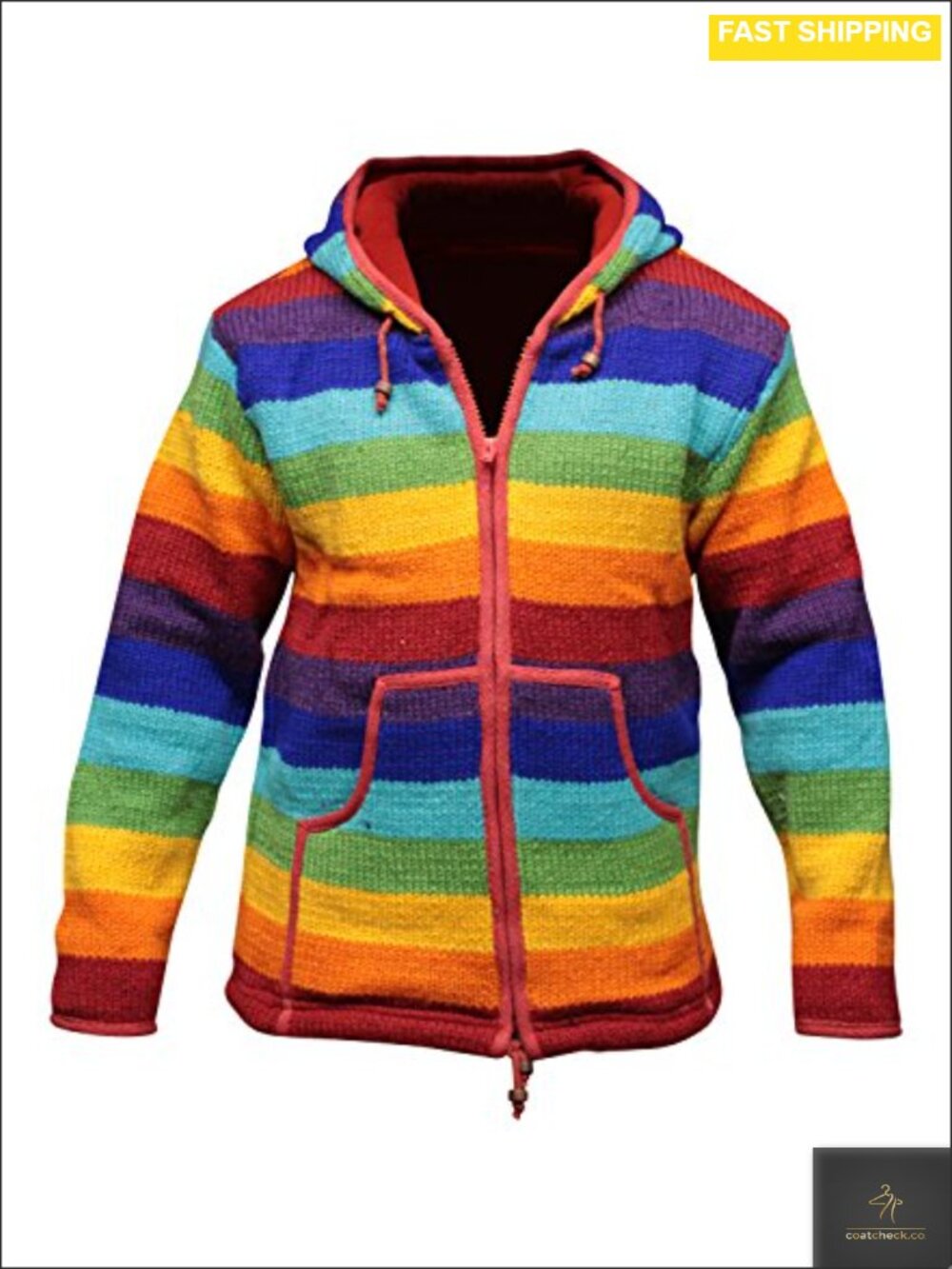 Mens 100% Wool Hooded Zip Up Winter Jacket Striped Fleece Lined